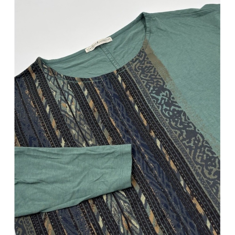 Peruvian Connection Women's M Cotton Blend Green Striped Long Sleeve Blouse